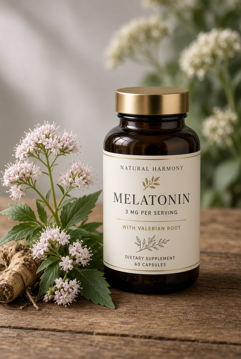 Melatonin supplement bottle with valerian flowers
