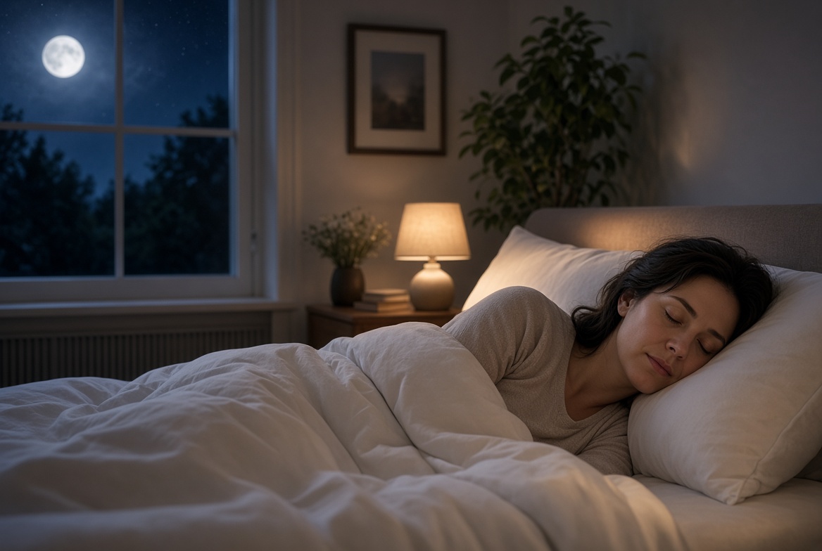 Peaceful person sleeping in a calm bedroom at night